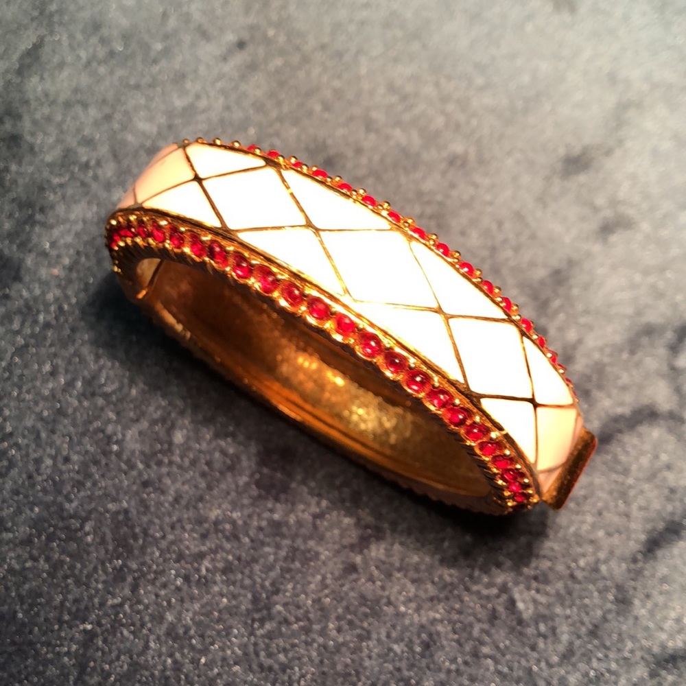 Slater Zorn Harlequin Huddle Cuff. enamel, cabachon, gold tone bangle bracelet.